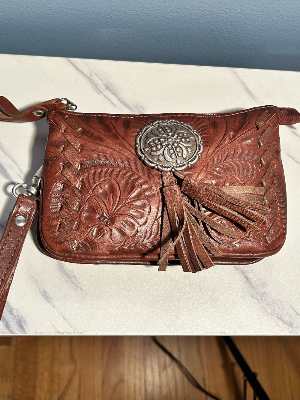 American West  Hand-Tooled Leather Wristlet with Tassel
